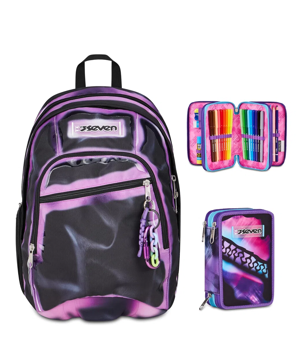 Seven Zaino Scuola Dual SHADOWS OF COLOR, Doppio Scomparto, Nero, 32 L + Astuccio 3 zip PINK FUSION, Viola, 45 pezzi, Completo di penne e colori, Elementari, Bambina