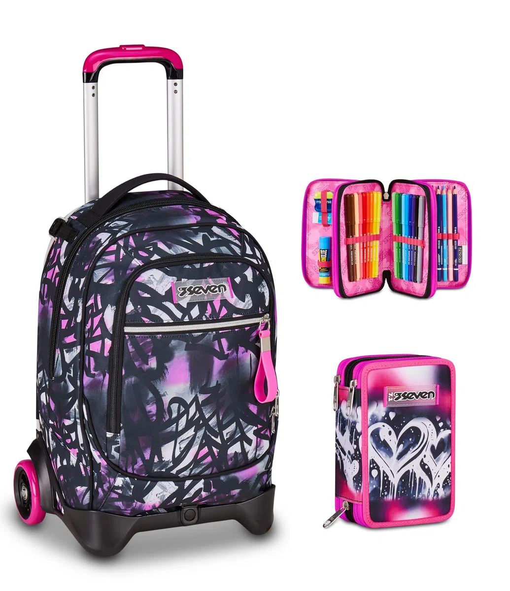 Seven Trolley New Tech, 33 L, Triplo Uso, Doppio Scomparto, Scuola, Bambine, Ragazze, fucsia/nero + Astuccio 3 zip PLUMPY LINE GIRL, Rosa, 45 pezzi, Completo di penne e colori, Elementari